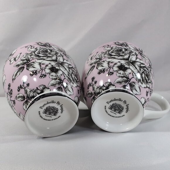 Portobello by Inspire Floral Mug Rose Pink Border Butterfly Black 2 Set Pedestal - Picture 9 of 13
